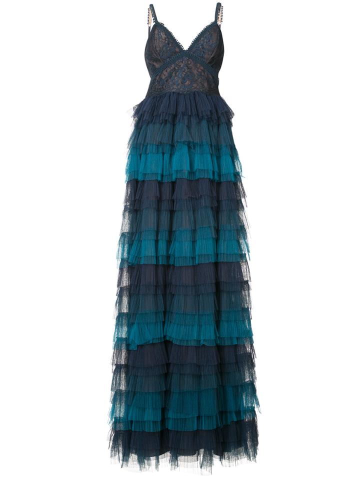 Marchesa Notte Ruffled Ombré Lace Gown - Blue