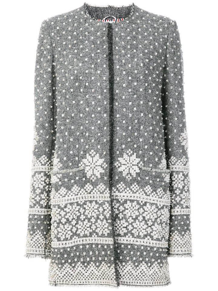 Thom Browne Fair Isle Embroidered Wool Cardigan Overcoat - Grey