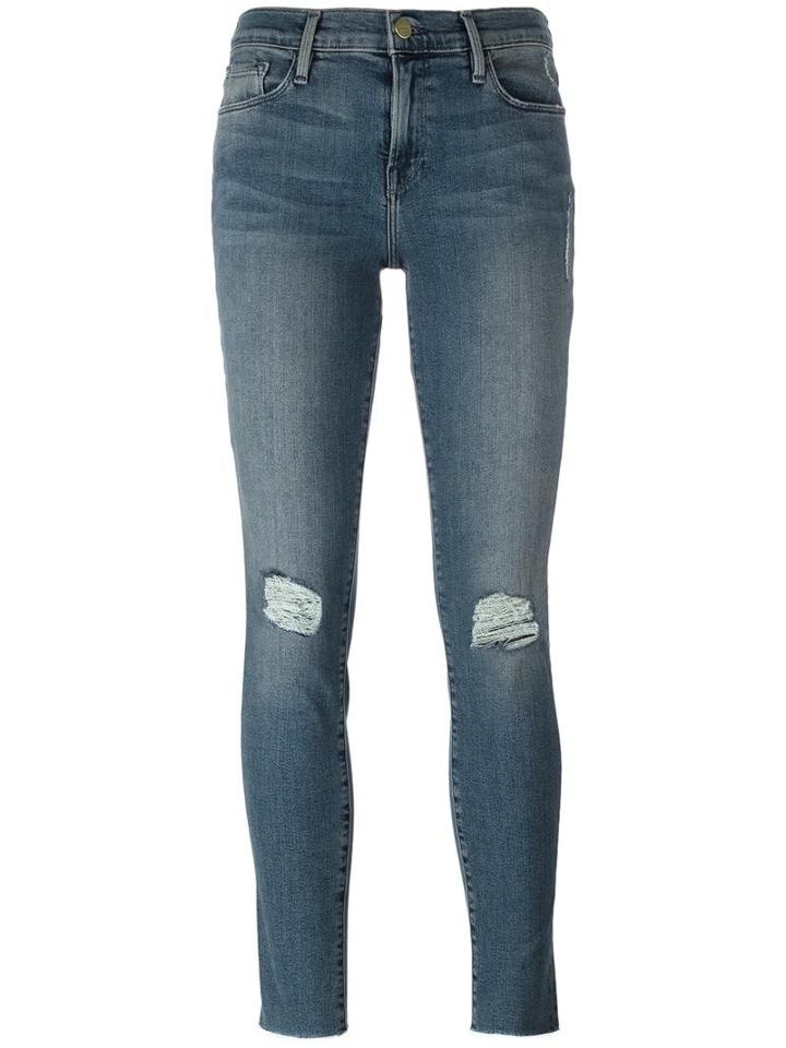 Frame Denim Ripped Knees Skinny Jeans, Women's, Size: 26, Blue, Cotton/polyester/spandex/elastane/tencel