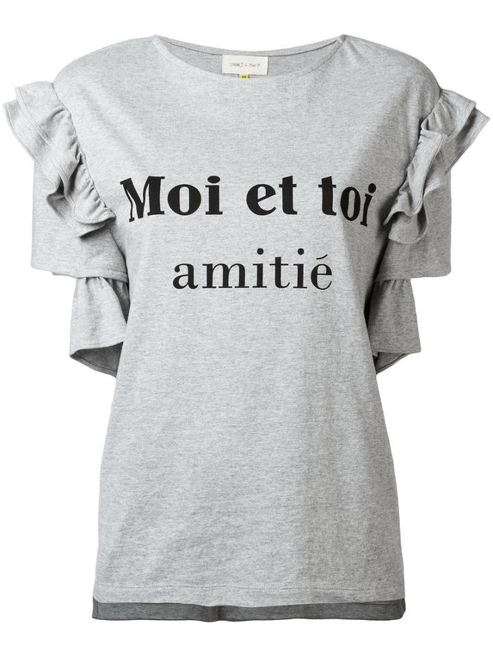 Steve J & Yoni P Frilled Sleeve Slogan T-shirt, Women's, Size: Small, Grey, Cotton