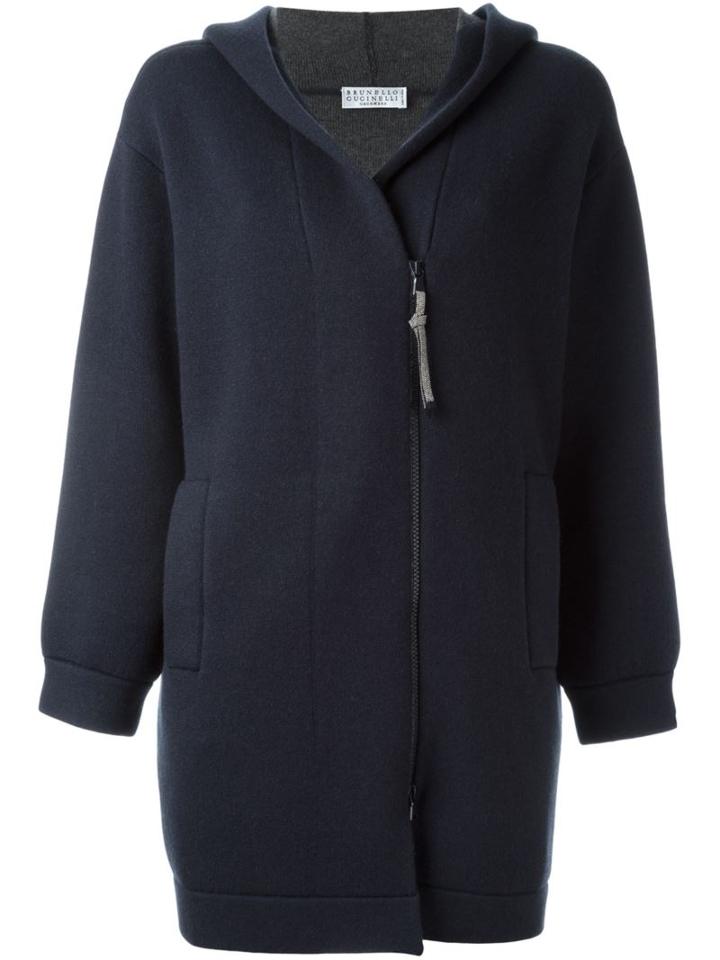Brunello Cucinelli Zipped Hooded Cardi Coat, Women's, Size: Small, Blue, Cashmere