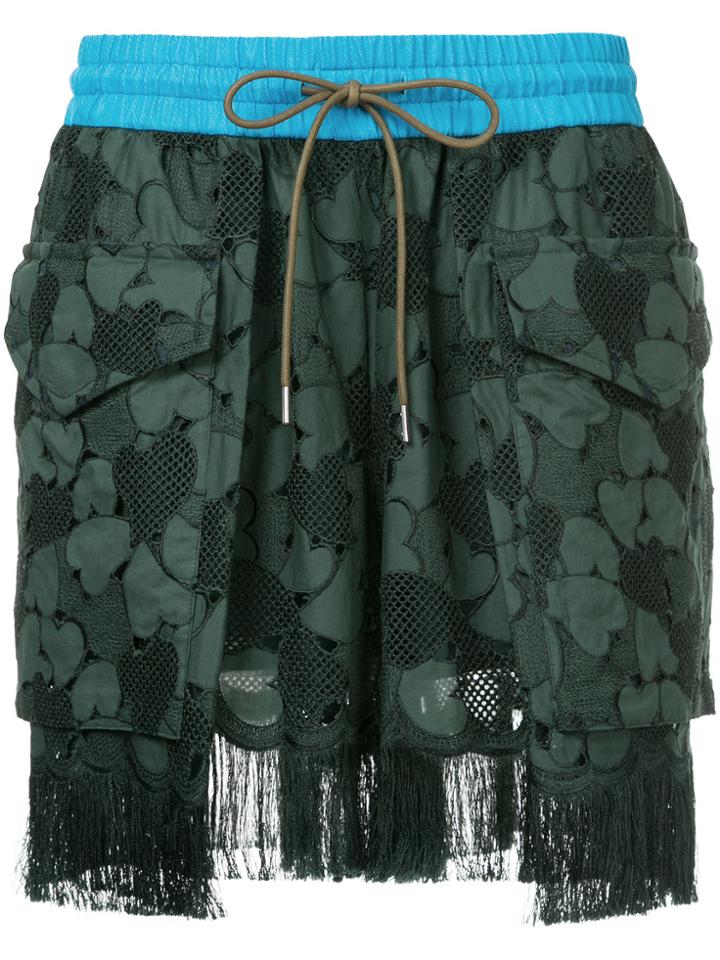 Sacai Embroidered Fringed Shorts - Green