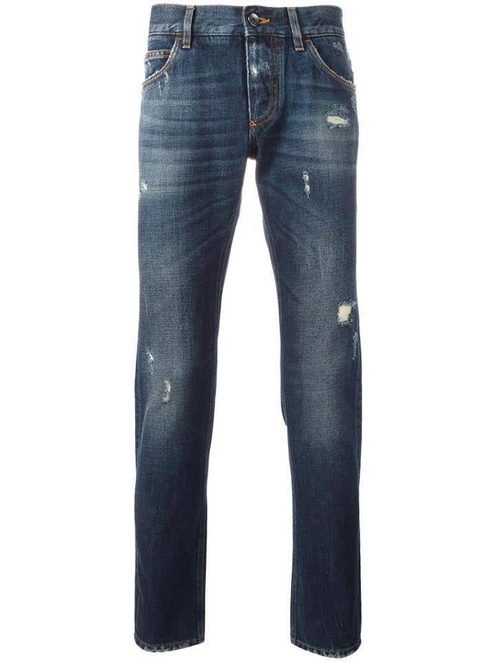 Dolce & Gabbana Ripped Detail Jeans, Men's, Size: 48, Blue, Cotton