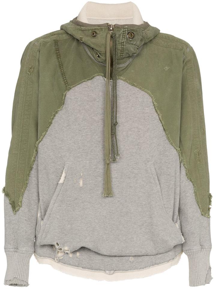 Greg Lauren Denim Front Distressed Cotton Hoodie - Grey