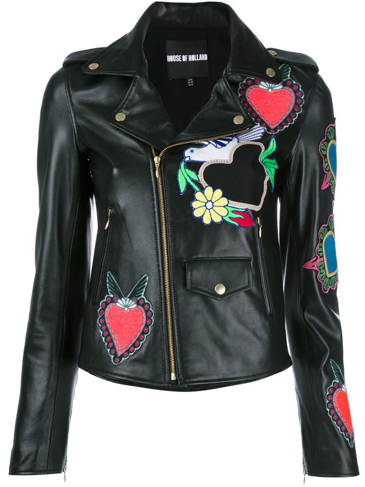 House Of Holland Heart Patches Biker Jacket, Size: 10, Black, Lamb Skin/polyester/spandex/elastane