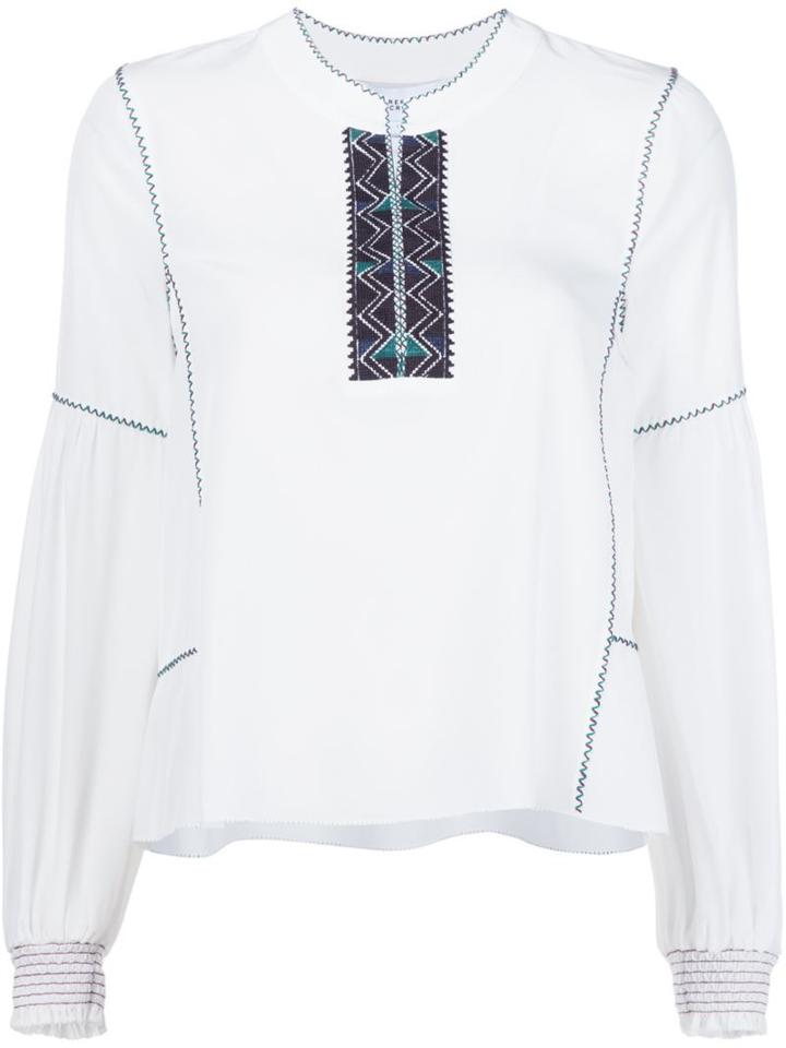 Derek Lam 10 Crosby Embroidered Smock Sleeve Blouse, Women's, Size: 12, White, Silk