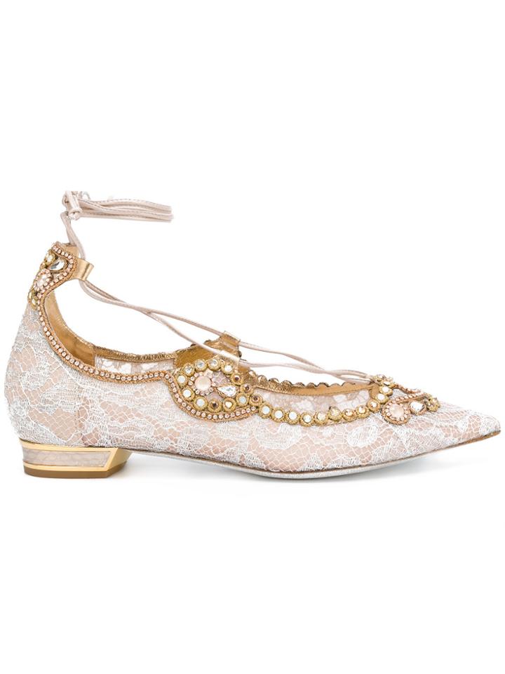 René Caovilla Embellished Ballerinas - Nude & Neutrals