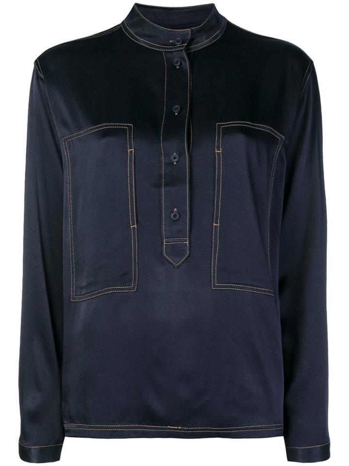 Closed Contrasting Stitch Sheen Blouse - Blue