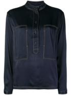 Closed Contrasting Stitch Sheen Blouse - Blue