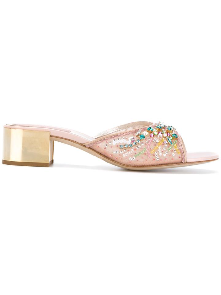 René Caovilla Embellished Block Heel Sandals - Pink & Purple
