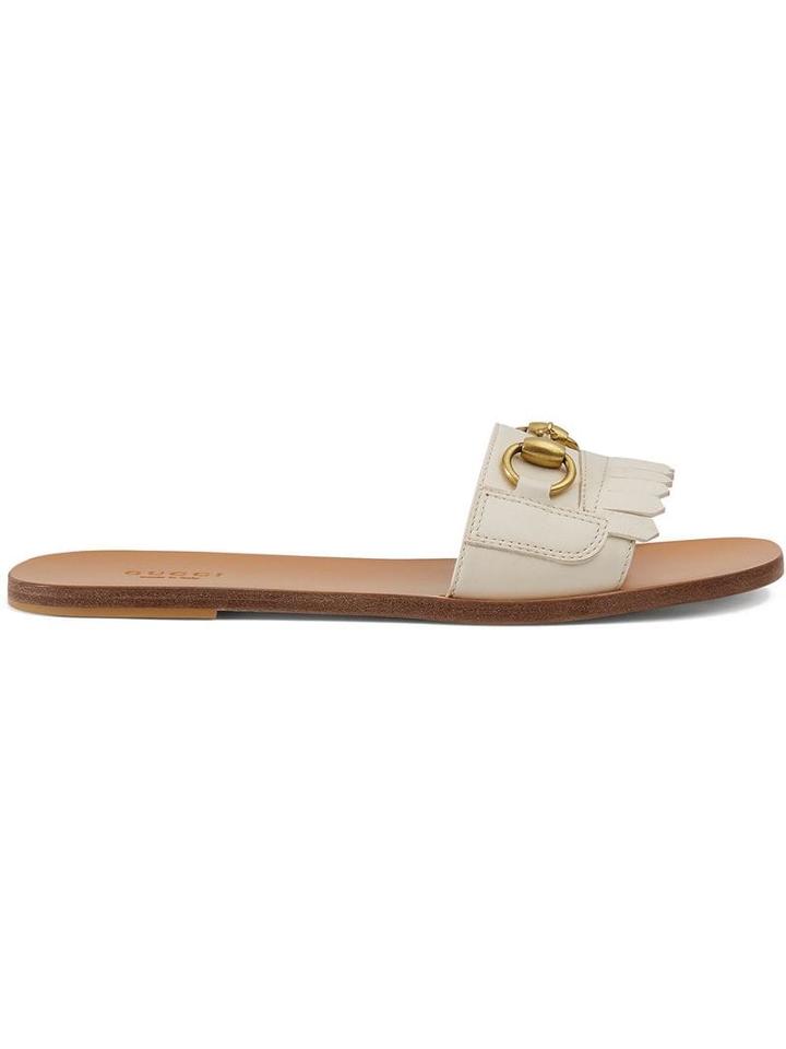 Gucci Fringe Leather Horsebit Slides - Neutrals