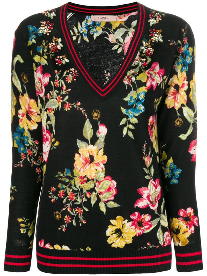 Twin-set Rose Print V-neck Sweater - Black