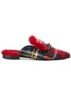 Mr & Mrs Italy Chain Embellished Tweed Mules - Red