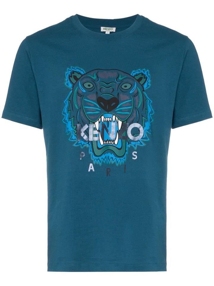 Kenzo Blue And Green Tiger Logo Print Cotton T Shirt