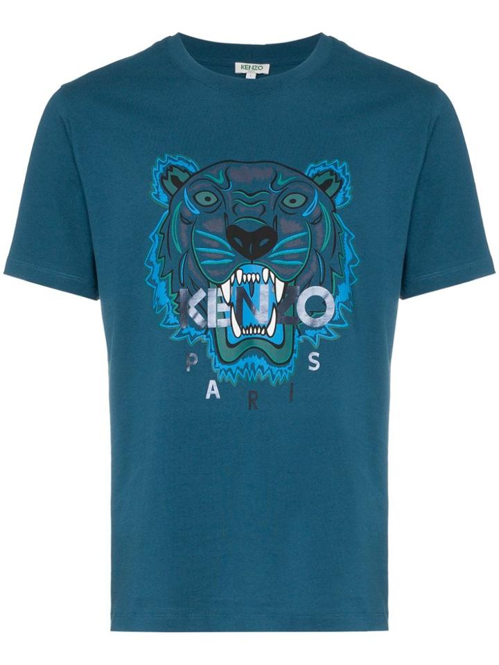 Kenzo Blue And Green Tiger Logo Print Cotton T Shirt