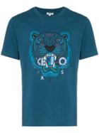 Kenzo Blue And Green Tiger Logo Print Cotton T Shirt