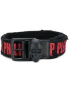 Philipp Plein Distressed Skull Buckle Logo Belt - Black