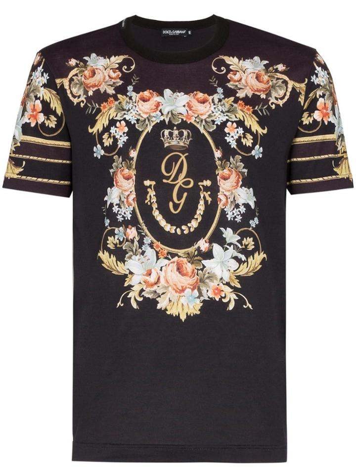 Dolce & Gabbana Floral Wreath Logo Print T-shirt - Black