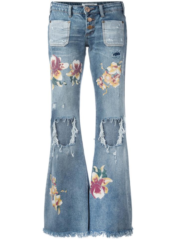 One Teaspoon Distressed Orchid Print Flared Jeans, Women's, Size: 25, Blue, Cotton