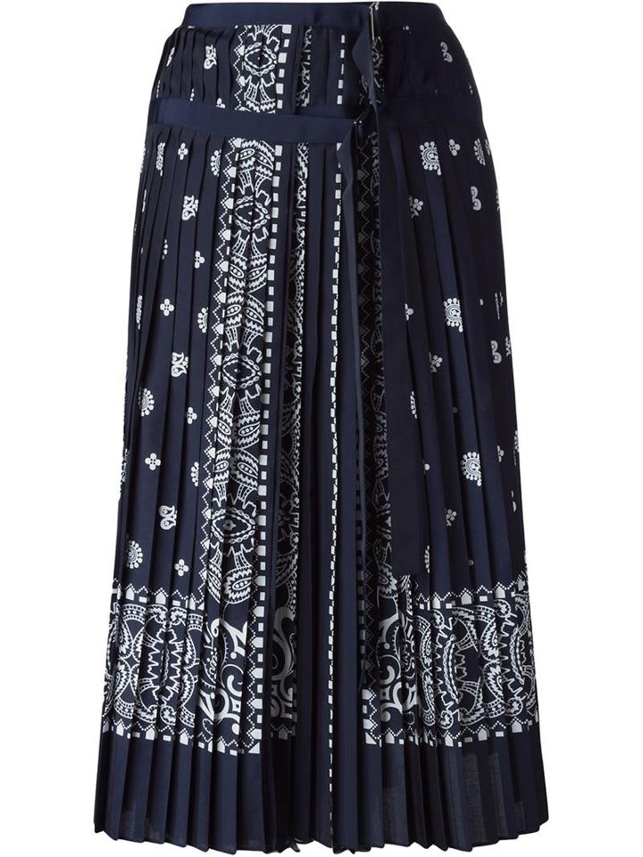 Sacai Pleated Paisley Skirt, Women's, Size: 3, Blue, Polyester/cupro