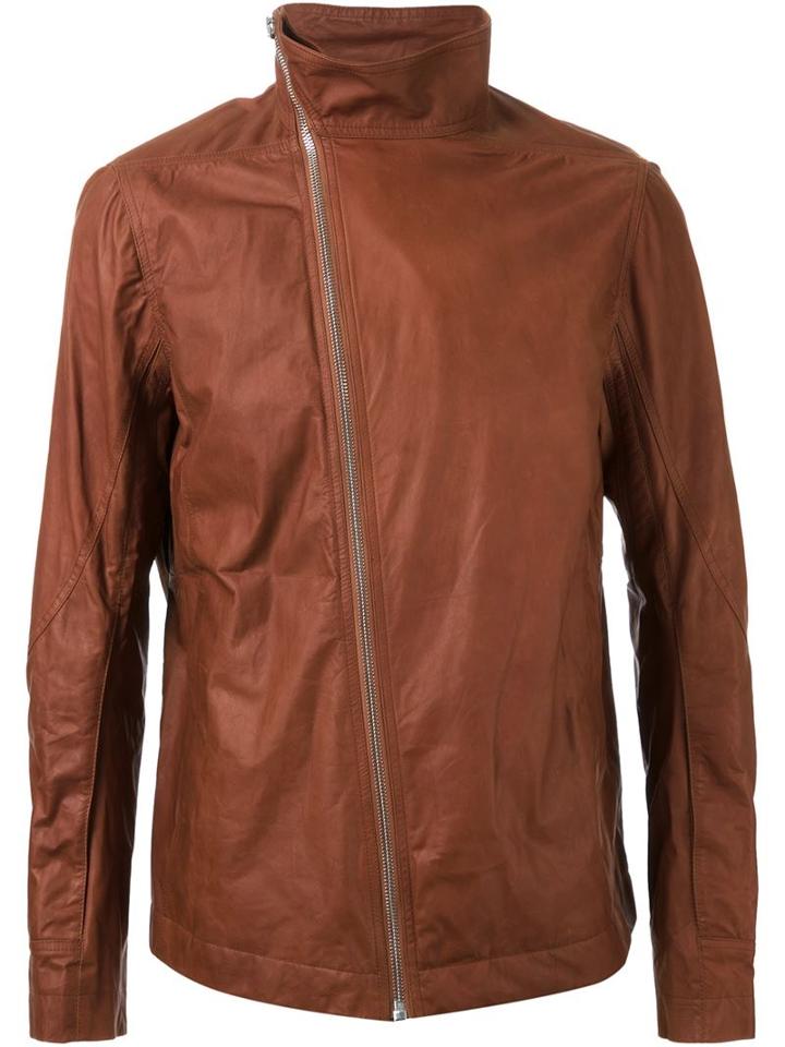 Rick Owens Funnel Neck Biker Jacket, Men's, Size: 52, Brown, Leather