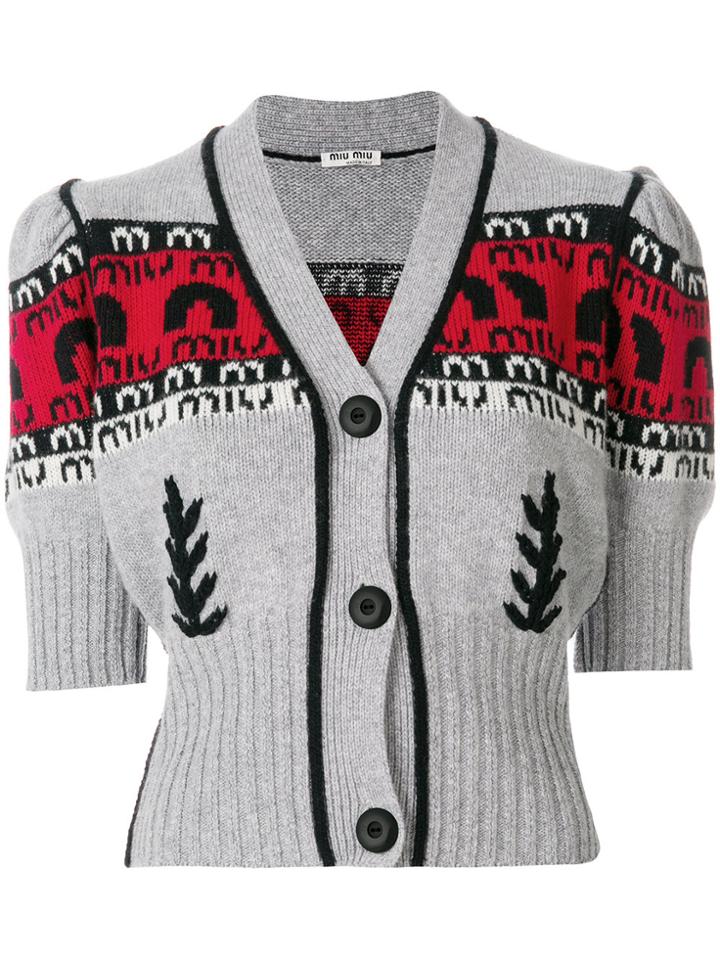 Miu Miu Puff Sleeve Intarsia Cardigan - Grey