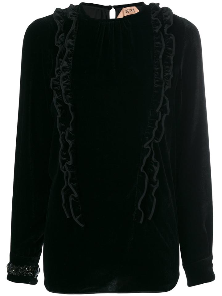 No21 Frill Trim Velvet Blouse - Black