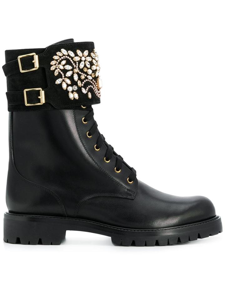 René Caovilla Embellished Cargo Boots - Black