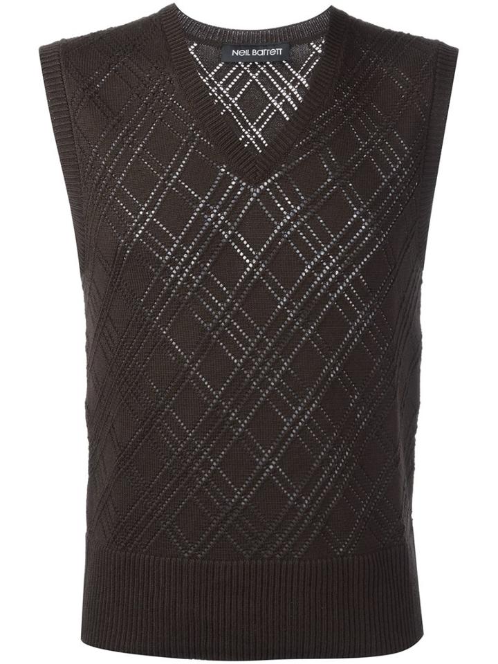 Neil Barrett Prince Of Wales Sleeveless Sweater, Men's, Size: Large, Brown, Wool