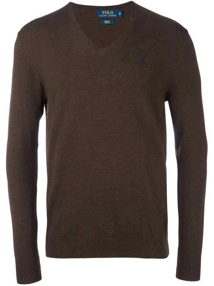 Polo Ralph Lauren V Neck Jumper, Men's, Size: Xl, Brown, Polyester/wool