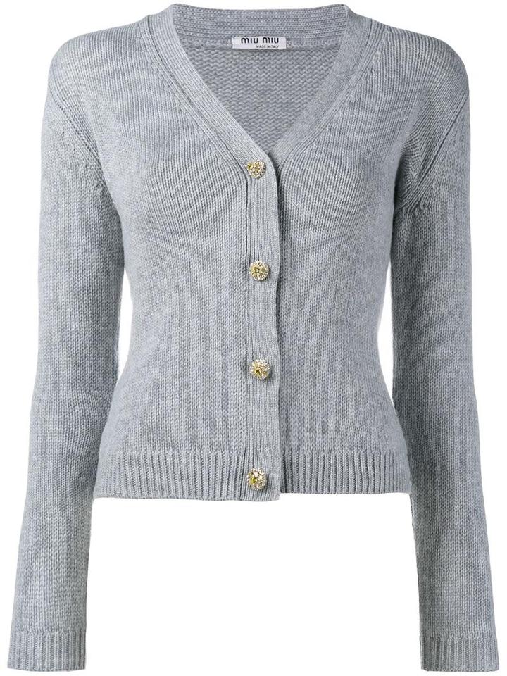Miu Miu Jewelled Button Cardigan, Women's, Size: 44, Grey, Silk/cashmere/metal/glass