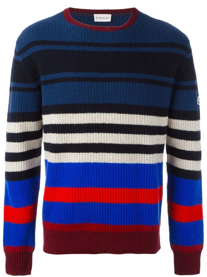 Moncler Contrast Stripe Ribbed Sweater, Men's, Size: Medium, Blue, Virgin Wool