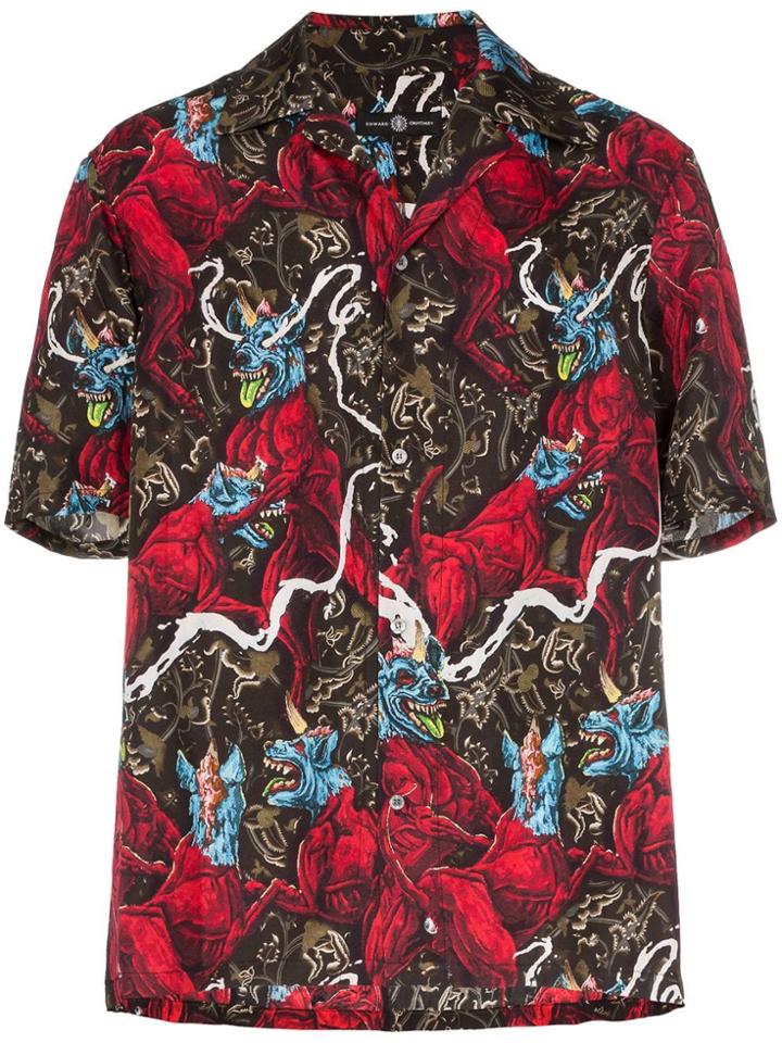 Edward Crutchley Dog Print Short Sleeved Silk Shirt - Black