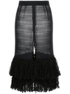 Rokh Front Slit Fringed Knit Skirt - Black