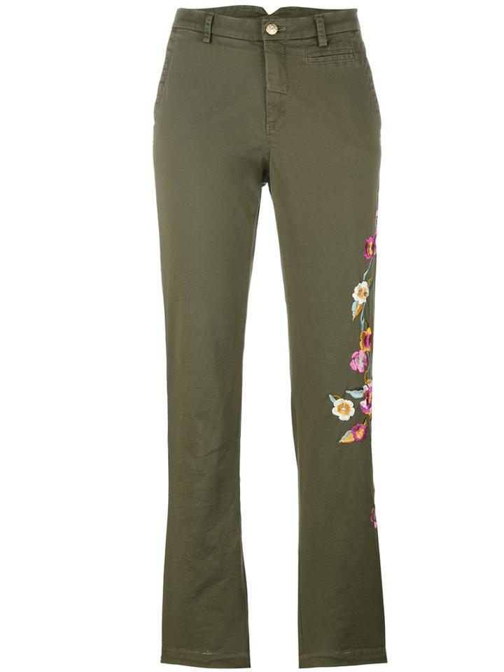 History Repeats Floral Embroidery Trousers, Women's, Size: 44, Green, Cotton/spandex/elastane