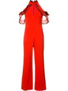 Jonathan Simkhai Ruffled Cold Shoulder Jumpsuit, Women's, Size: 0, Red, Polyester/spandex/elastane/acetate/viscose