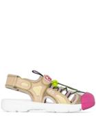 Gucci Beige, Green And Pink Tinsel Leather And Mesh Sandals -