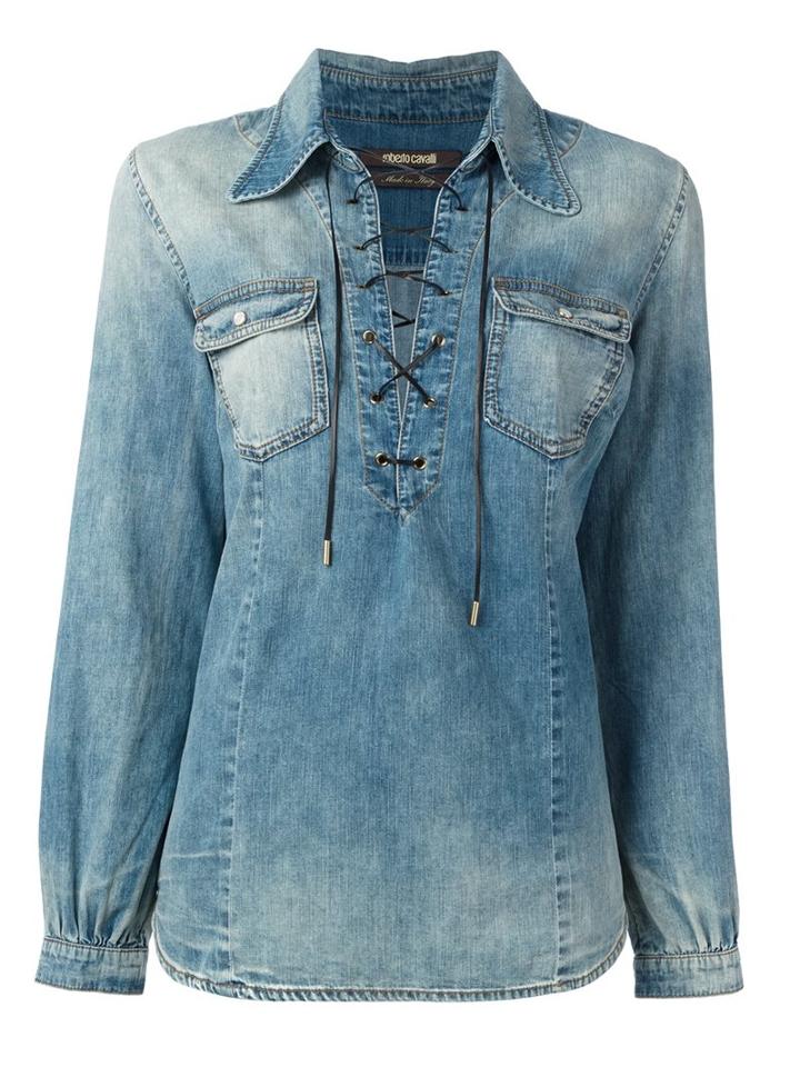 Roberto Cavalli Lace-up Denim Shirt, Women's, Size: 42, Blue, Cotton