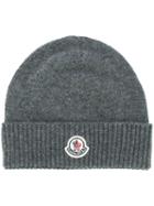 Moncler Ribbed Beanie Hat, Men's, Grey, Virgin Wool