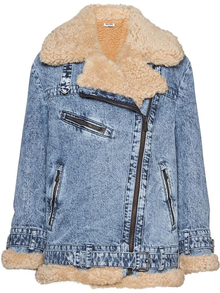 Miu Miu Marbleized Denim Aviator Jacket - Blue