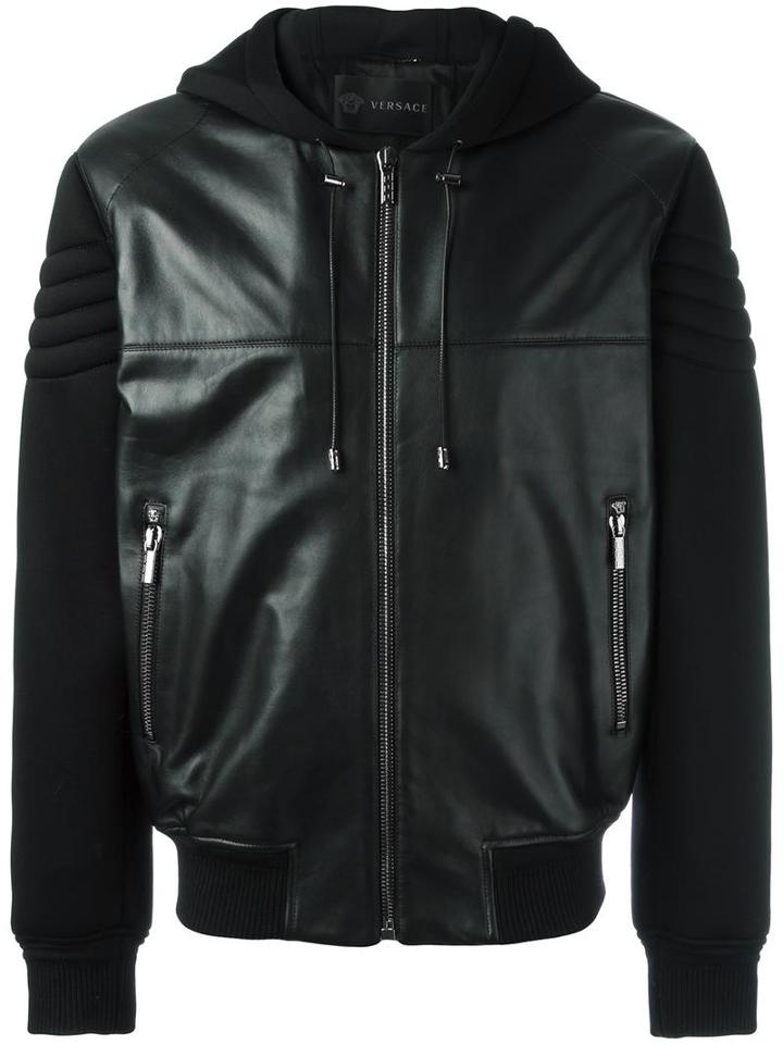 Versace Mixed Material Bomber Jacket, Men's, Size: 52, Black, Cotton/lamb Skin/acrylic/virgin Wool