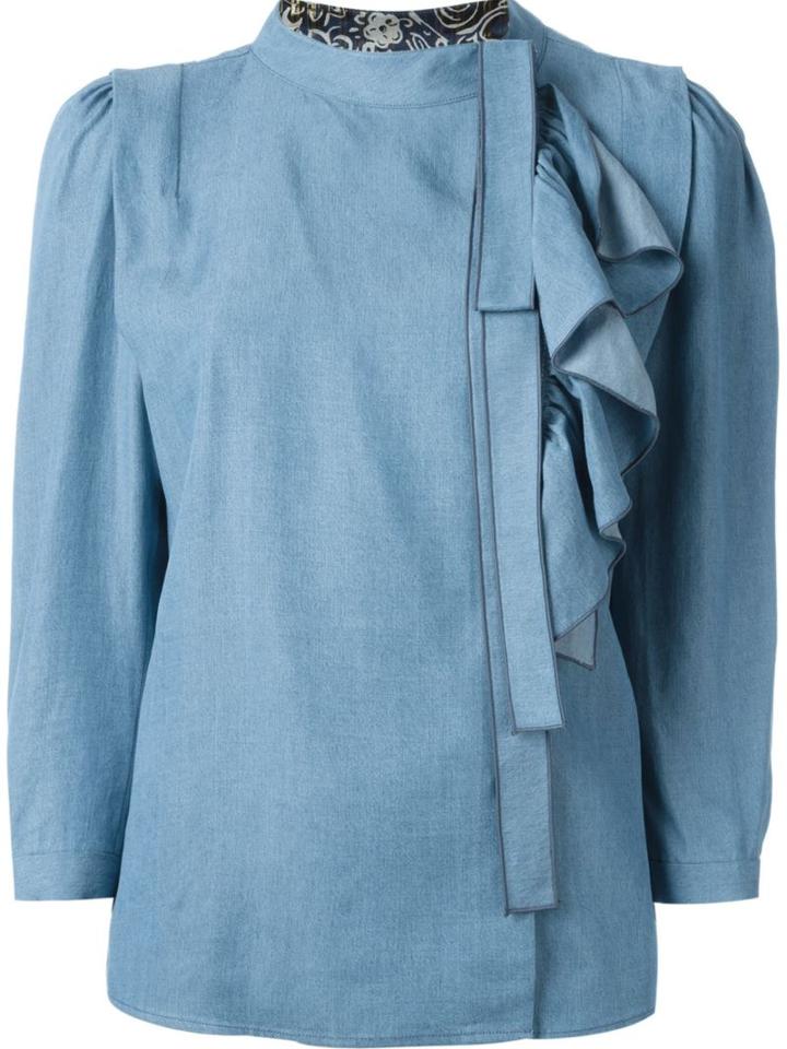 Marc Jacobs Ruffled Chambray Blouse, Women's, Size: 4, Blue, Cotton/silk/lurex/tencel