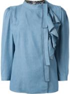 Marc Jacobs Ruffled Chambray Blouse, Women's, Size: 4, Blue, Cotton/silk/lurex/tencel