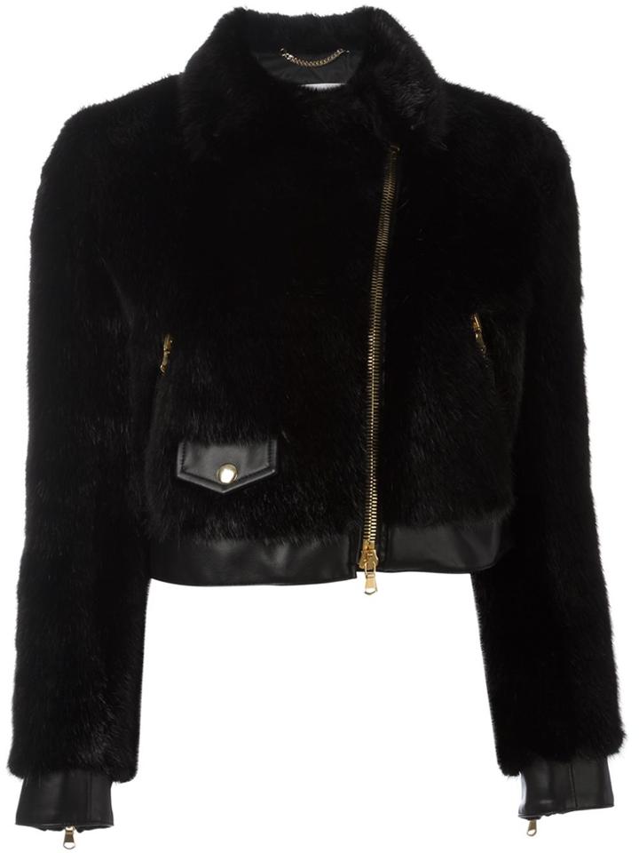 Moschino Cropped Faux Fur Biker Jacket - Black