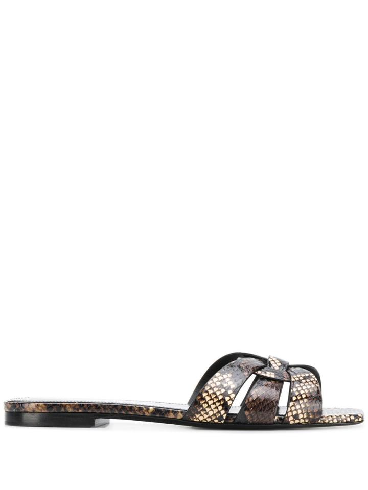 Saint Laurent Snake Print Flat Sandals - Brown