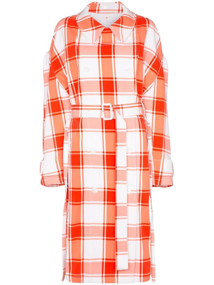 Pushbutton Check-print Puff-sleeve Trench Coat - Red