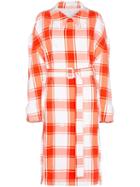 Pushbutton Check-print Puff-sleeve Trench Coat - Red
