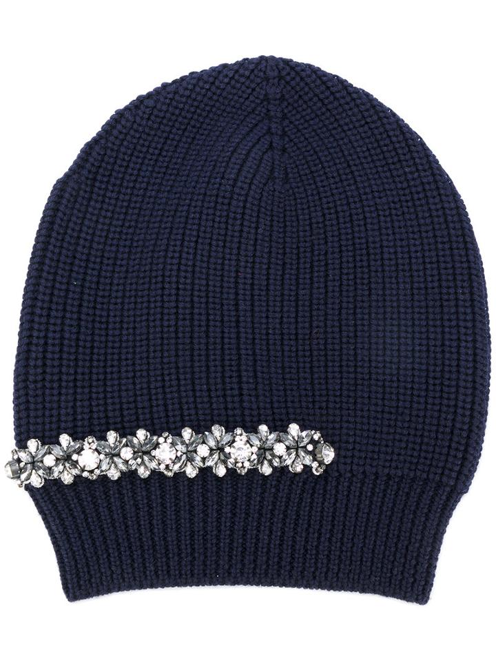 No21 - Crystal Embellished Ribbed Beanie - Women - Silk/wool/metal/glass - One Size, Blue, Silk/wool/metal/glass