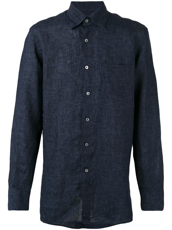Canali - Plain Shirt - Men - Linen/flax - M, Blue, Linen/flax