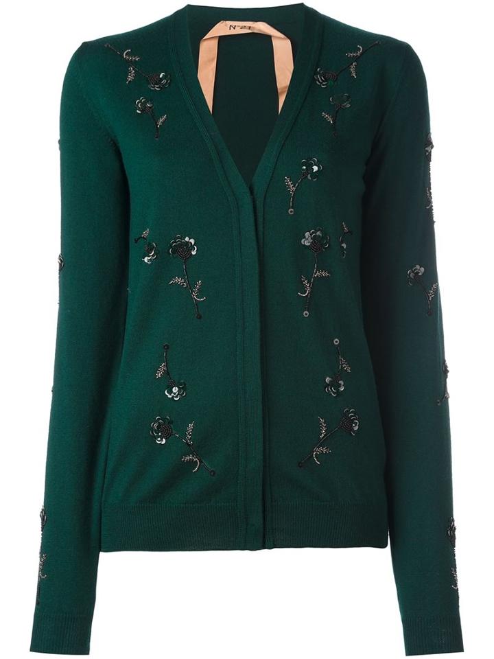 No21 Floral Sequin Embellished Cardigan, Women's, Size: 42, Green, Polyester/pvc/virgin Wool
